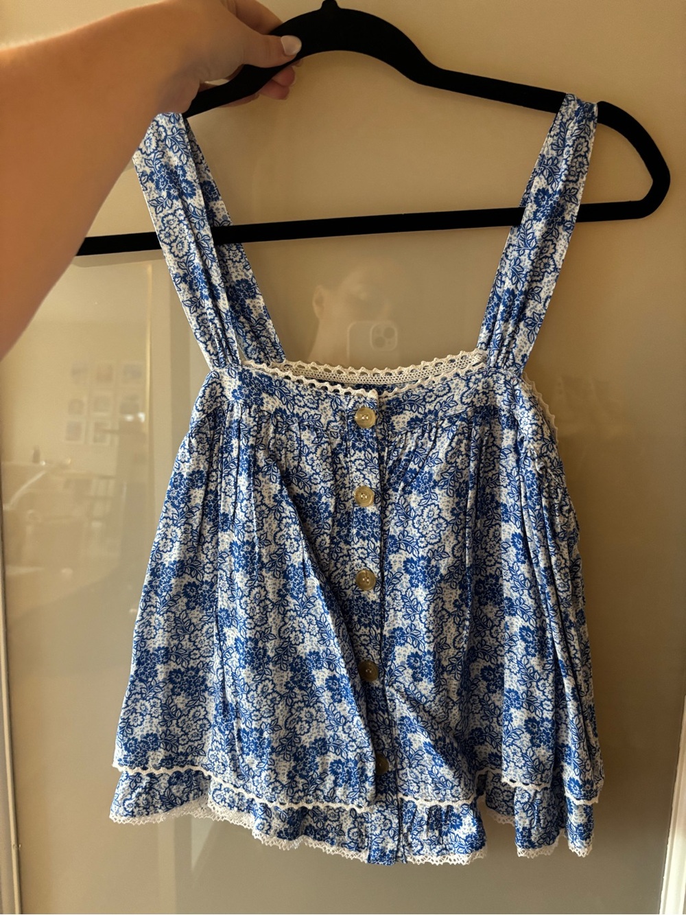 Blue Floral Lace-Trim Sleeveless Top